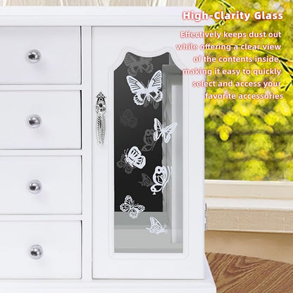Vintage Wood Jewelry Box with 4 Drawers, Desktop Jewelry Organizer with Glass Door & Mirror, Necklace Ring Storage Display Case Built-in Necklace Carousel (White, Butterfly, 4 Drawers)