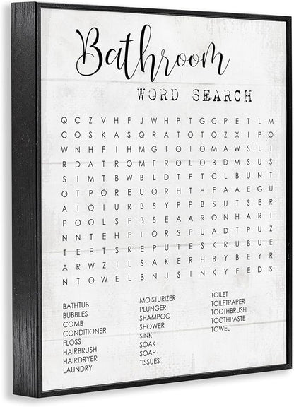 Stupell Industries Bathroom Word Search Fun Family Word Design Framed Giclee Art Design By Artist Daphne Polselli, 24 x 30, Black Framed | Stupell Industries · By Lil' Rue · Ready to hang · Fun gift for bathroom decor · Made in USA