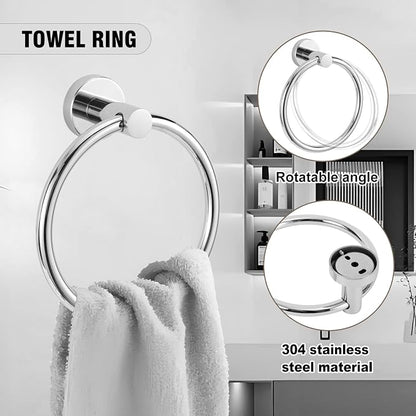 5 Piece Modern Style Wall Mounted Bathroom Hardware Set | #304 Stainless Steel, 24" Towel Bar Mount, Towel Rings, L Shape Toilet Paper Holder, Bathrobe Hook (Chrome)