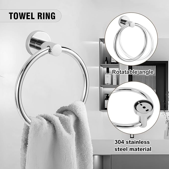 5 Piece Modern Style Wall Mounted Bathroom Hardware Set | #304 Stainless Steel, 24" Towel Bar Mount, Towel Rings, 2 Pillar Toilet Paper Holder, Bathrobe Hook (Chrome)