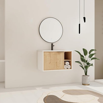 30 Inch Bathroom Vanity with Sink, 30" Floating Vanity, Plywood Wooden Bathroom Cabinet with Soft Close Door and Ceramic Sink, Open Shelf for Quick Access, Modern Wall Mounted Cabinet Set