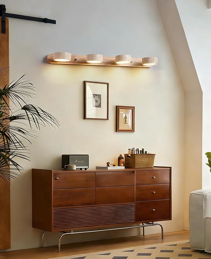 Natural Wood Vanity Light, 27.6 Inches Wabi Sabi Travertine Wall Sconce with 360° Rotatable Natural Stone Lampshade and Wooden Base Nordic Style Farmhouse Vanity Lights for Bathroom (4 Lights)