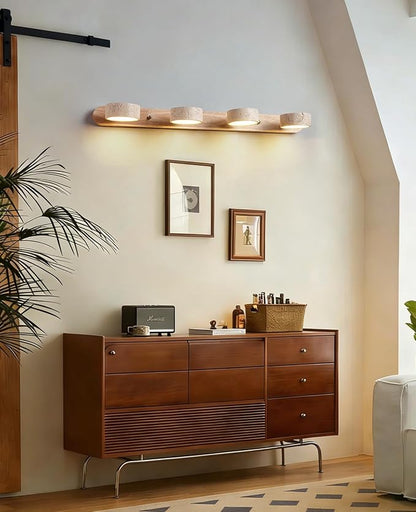 Natural Wood Vanity Light, 27.6 Inches Wabi Sabi Travertine Wall Sconce with 360° Rotatable Natural Stone Lampshade and Wooden Base Nordic Style Farmhouse Vanity Lights for Bathroom (4 Lights)