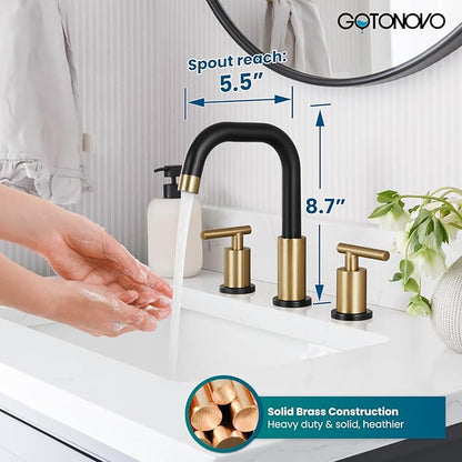 gotonovo 8 Inch Widespread Bathroom Sink Faucet 3 Hole 2 Handles Lavatory Basin with Pop Up Drain with Hot and Cold Mixer Valves Modern Black & Brushed Gold