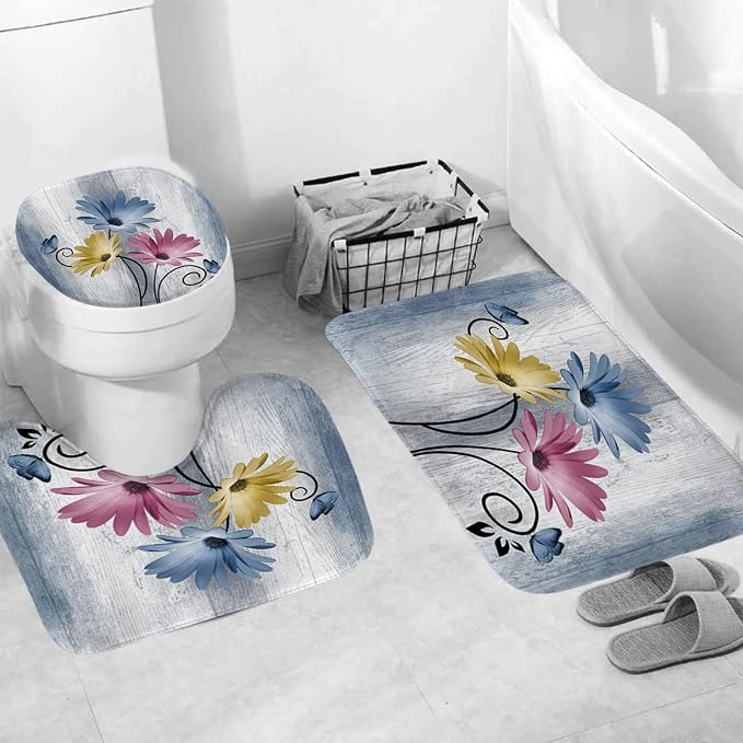 Onalasyc 4PCS Hot Pink Daisy Bathroom Sets with Shower Curtain and Rugs | Country Floral Butterfly Shower Curtain Set,Modern Bathroom Decor Shower Curtains Set with Rugs Toilet Lid Cover and 12 Hooks