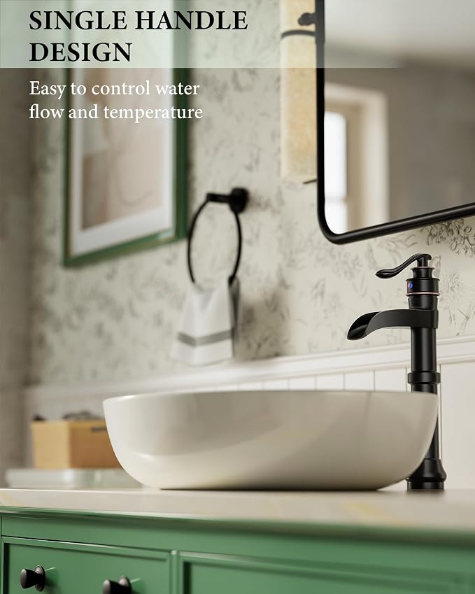 Homevacious Oil Rubbed Bronze Waterfall Vessel Sink Tall Black | Single Handle Bath Basin Farmhouse with Pop Up Drain Assembly Lavatory One Hole Mixer Tap Without Overflow