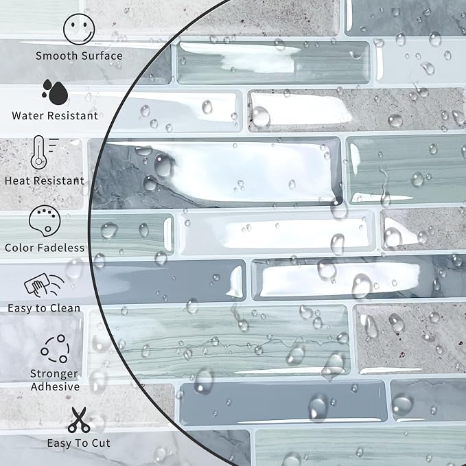 10-Sheet Peel and Stick Kitchen Backsplash Tiles | 3D Waterproof Self Adhesive Wall Tile Stick on Backsplash for Kitchen and Bathroom(Sage Green,12"×12")