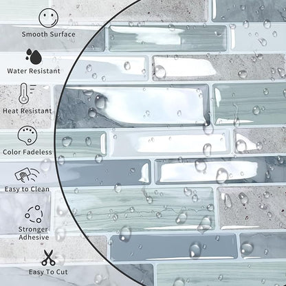 10-Sheet Peel and Stick Kitchen Backsplash Tiles | 3D Waterproof Self Adhesive Wall Tile Stick on Backsplash for Kitchen and Bathroom(Sage Green,12"×12")