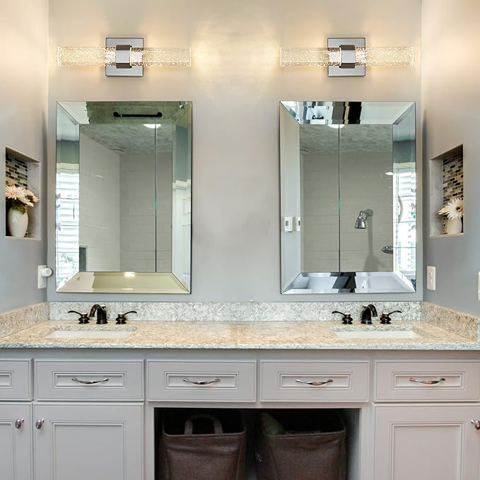 Wall Sconces Set of Two - Crystal Sconces Wall Lighting 14W Dimmable LED Bathroom Vanity Light Fixtures Chrome Bubble Wall Lights for Bathroom Hallway Bedroom Living Room (2 Pack)