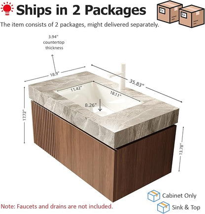 Ambrovina 36" Floating Bathroom Vanity with Sink, Modern Plywood Bathroom Storage Cabinet with Drawer and Door, Light Gray Sintered Stone Countertop and White Ceramic Basin, Pre-Assembled, Dark Oak