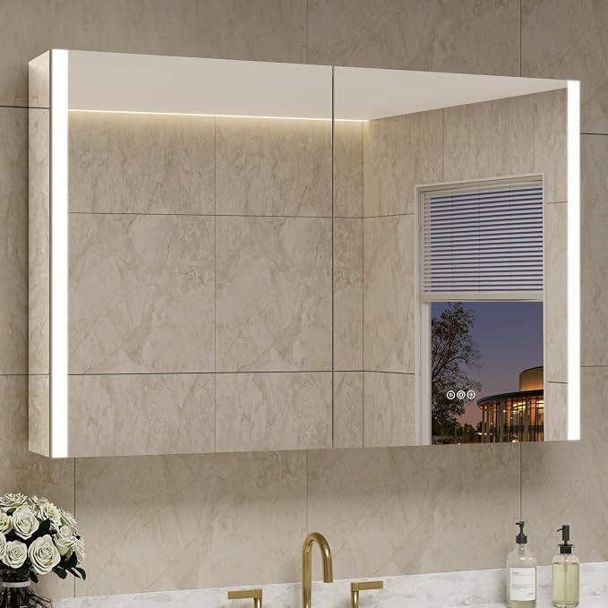 48 x 32 Inch Medicine Cabinet with Mirror and LED Light for Bathroom | Recessed, Wall-Mounted, Dimmable, Anti-Fog, Memory Function, 3 Color Mode, Outlet&USB, Adjustable Shelf, ETL Listed, Aluminum
