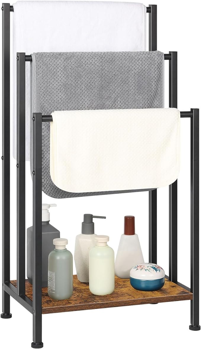 Towel Rack Freestanding, Blanket Rack Stand with Wooden Storage | Standing Towel Rack, 3 Tier Blanket Holder for Bathroom, Towel Drying Holder Stand with Shelf, Rustic Brown and Black
