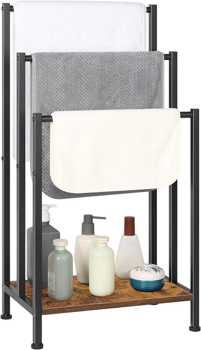 Towel Rack Freestanding, Blanket Rack Stand with Wooden Storage | Standing Towel Rack, 3 Tier Blanket Holder for Bathroom, Towel Drying Holder Stand with Shelf, Rustic Brown and Black
