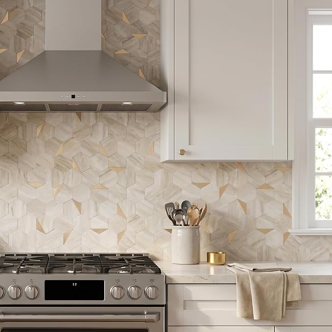Hexagon Peel and Stick Backsplash for Kitchen Wall, 10 Sheets Heat Resistant Stick on Backsplash PVC Smart Tiles, 12'' Beige Marble Waterproof Peel and Stick Wall Tiles for Bathroom