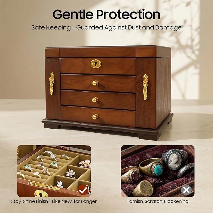 Large Wooden Jewelry Box with Mirror and Lock, 4 Layers Locking Jewelry Organizer, Watches Necklace Ring Storage Box for Women