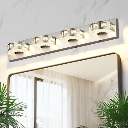 Modern Bathroom Vanity Lights 29.1 inch 32W 5 Color Temperature Brushed Nickel (4-Light,Dimmable) Crystal Bathroom Light Fixtures for Bathroom Mirror Restroom-ETL Certificated