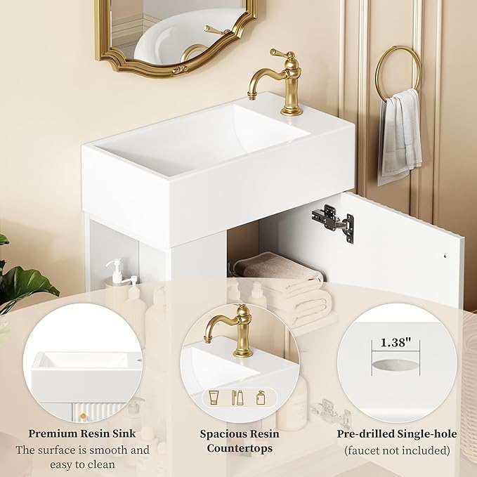 18.5" Floating Bathroom Vanity with Sink, Soft Closing Doors, Wood Modern Single Small Bathroom Vanity Cabinet with Open Shelf, Wall Mounted (White, Left Shelves)