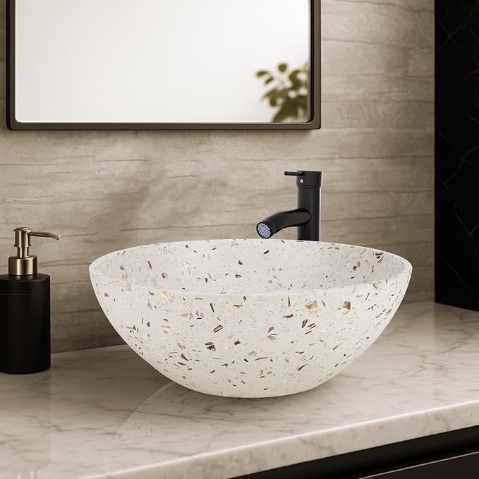 YIMAI Terrazzo Vessel Sink with Faucet and Drain, 15.7" Round Concrete Bathroom Sink Above Counter, Modern Artisanal Wash Basin Bowl with Matte Finish, Easy Install Combo Set for Vanity