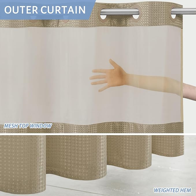 Furlinic Stall Shower Curtain No Hook with Snap in Liner,Waffle Weave Waterproof Bathroom Curtains with See Through Top Window & Weighted Magnets,Beige,36x72 Inch