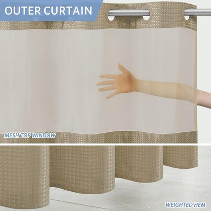 Furlinic Stall Shower Curtain No Hook with Snap in Liner,Waffle Weave Waterproof Bathroom Curtains with See Through Top Window & Weighted Magnets,Beige,54x80 Inch