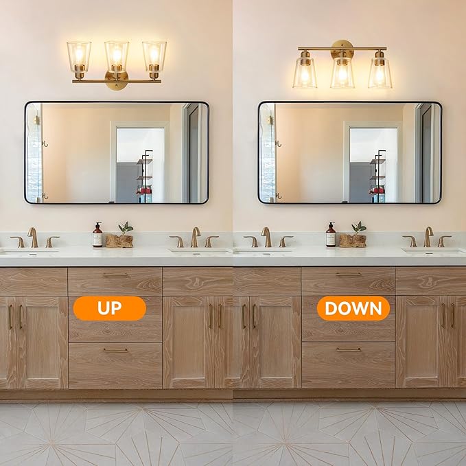 TALOYA 19 Inch Brushed Gold Bathroom Light Fixtures with Thickend Clear Tapered Glass Shade, 3-Light Modern Vanity Light Over Mirror for Bathrooms, Bedrooms (Bulbs Not Included)