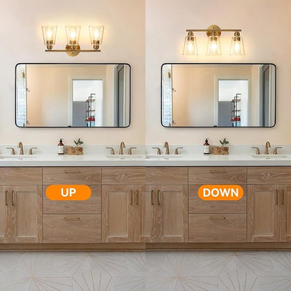 TALOYA 19 Inch Brushed Gold Bathroom Light Fixtures with Thickend Clear Tapered Glass Shade, 3-Light Modern Vanity Light Over Mirror for Bathrooms, Bedrooms (Bulbs Not Included)
