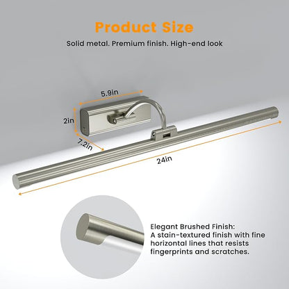 Rechargeable Wireless Bathroom Vanity Light Brushed Nickel 24 inch | 10000mAh Rechargeable Vanity Bathroom Light, with 1 Detachable Battery, Dimmable, Rotatable, 3CCT for Bathroom Mirror