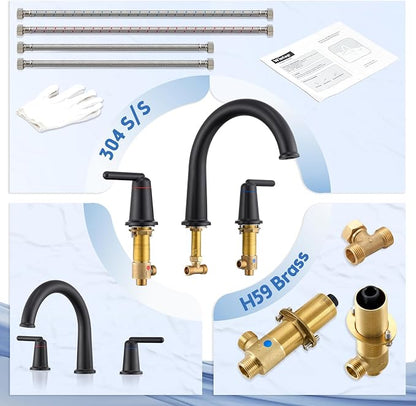Roman Tub Faucet 3 Hole Deck Mount Tub Filler High Flow Matte Black | With Ceramic Valve, Solid Brass, High Arch Bathtub Faucet, 2-Handle Design, Widespread Mount, Garden Bath Tub Faucet