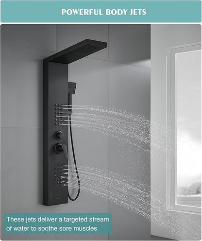 Shower Panel Tower System with Rainfall Shower Head, Powerful Body Jets, Matte Black Shower Tower with Handheld Shower and Tub Spout, Stainless Steel Shower Column High Pressure