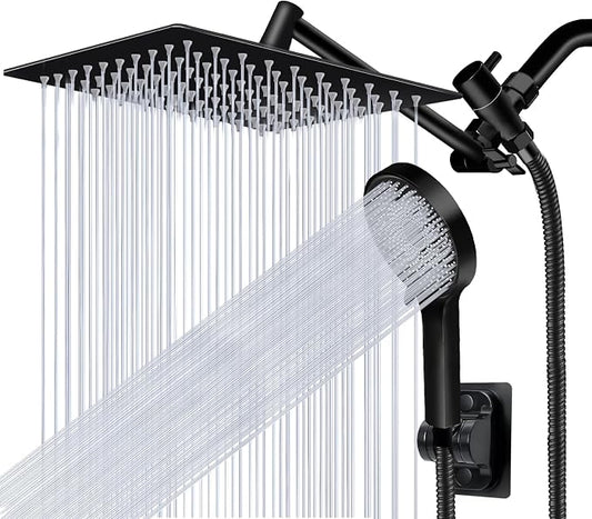 Shower Head,10”Rain Shower Head with Handheld Spray Combo with 11'' Angle Adjustable Extension Arm/Flow Regulator/Shower System,High Pressure Rainfall Shower Head Clean Bathroom,Matt Black