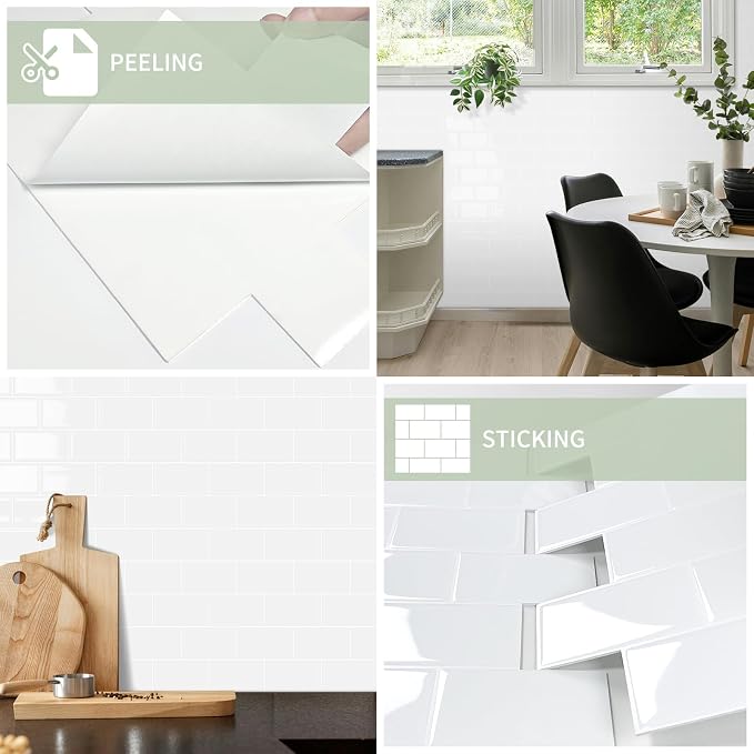 10-Sheet Thick Peel and Stick Kitchen Backsplash Tiles(White,12"×12") | 3D Subway Waterproof Self-Adhesive Wall Tile Stick on Backsplash for Kitchen and Bathroom