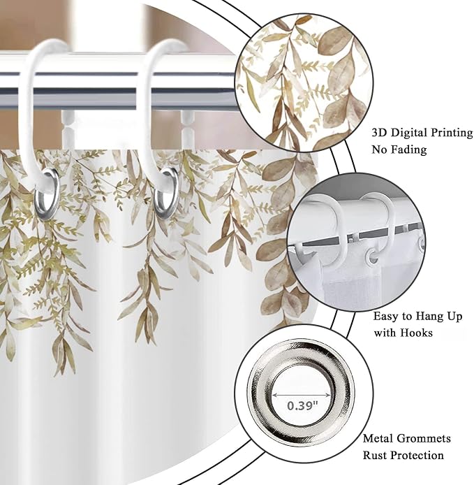 Botanical Shower Curtains Watercolor Autumn Eucalyptus Leaf Plant Tan Bathroom Curtain for Bathtub Waterproof Fabric Machine Washable with 12 Hooks Top Tan Eucalyptus Leaf 72''Lx65''W