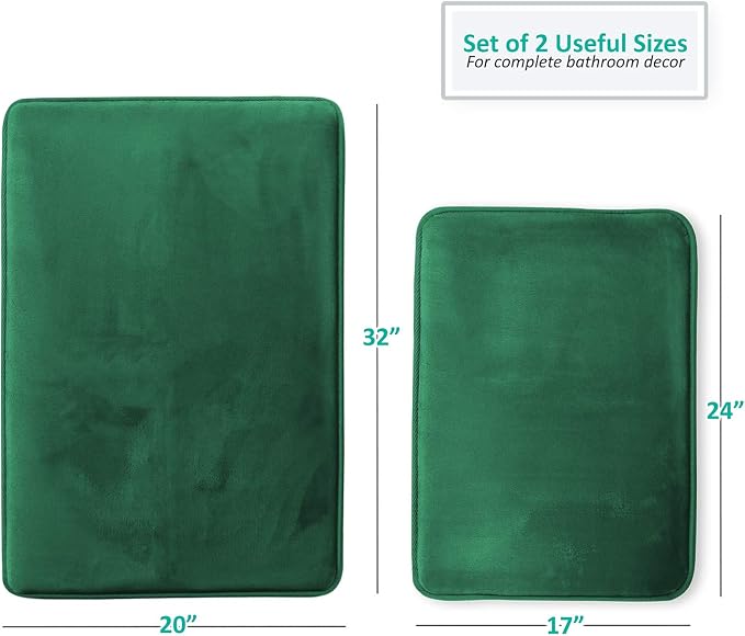 Clara Clark 2 Piece Bathroom Rugs Bath Mat Set, Velvet Memory Foam Bath Mats for Bathroom - Non-Slip, PVC Backing Bath Rugs, Washable - Dries Quickly, Hunter Green