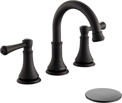 Matte Black 8 inch Widespread Bathroom Sink Faucet 3 Holes with Pop-Up Drain, 2 Handle Modern Bathroom/Vanity/Lavatory Faucet with Brass 360° Swivel Spout, TAF830Y-MB