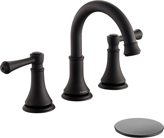 Matte Black 8 inch Widespread Bathroom Sink Faucet 3 Holes with Pop-Up Drain, 2 Handle Modern Bathroom/Vanity/Lavatory Faucet with Brass 360° Swivel Spout, TAF830Y-MB