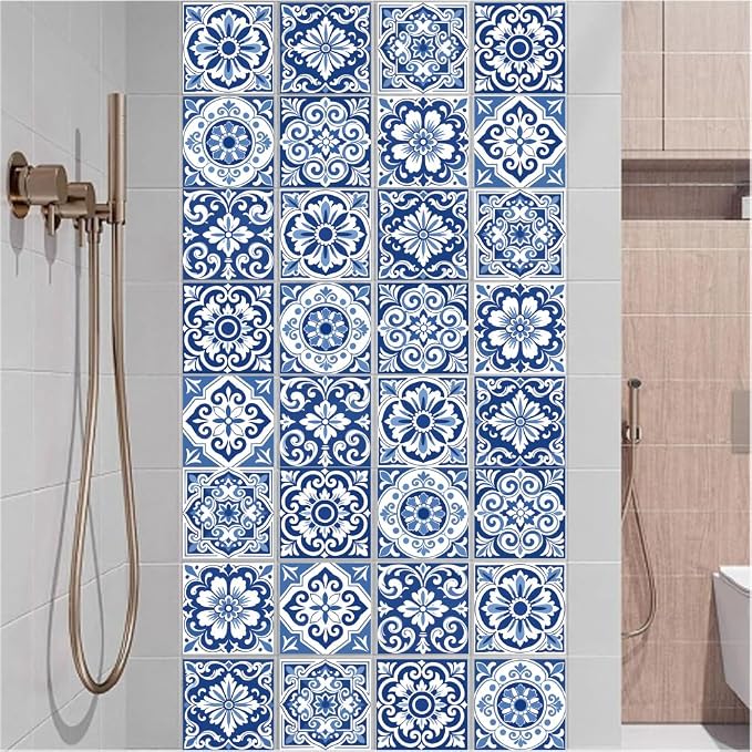 36Pcs 9 Styles Blue and White Tile Stickers 4 x 4 Inch Ceramic Tile Decals Peel and Stick Square Flower Pattern Waterproof PVC Decal for Kitchen Bathroom Backsplash Furniture DIY Home Decor