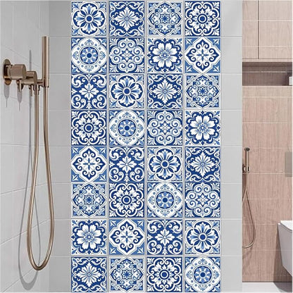 36Pcs 9 Styles Blue and White Tile Stickers 4 x 4 Inch Ceramic Tile Decals Peel and Stick Square Flower Pattern Waterproof PVC Decal for Kitchen Bathroom Backsplash Furniture DIY Home Decor