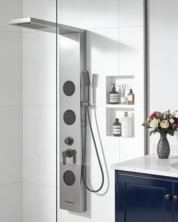 Homevacious 5 In 1 Shower Panel Brushed Nickel Shower Tower System with Rainfall Waterfall Shower Head 3 Body Jets Handheld Shower Head and Tub Spout Modern Massage Shower System