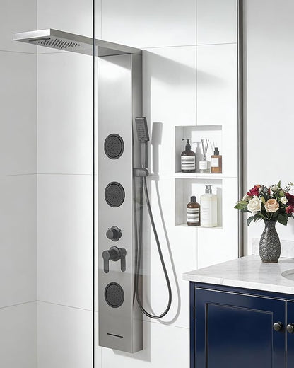 Homevacious 5 In 1 Shower Panel Brushed Nickel Shower Tower System with Rainfall Waterfall Shower Head 3 Body Jets Handheld Shower Head and Tub Spout Modern Massage Shower System