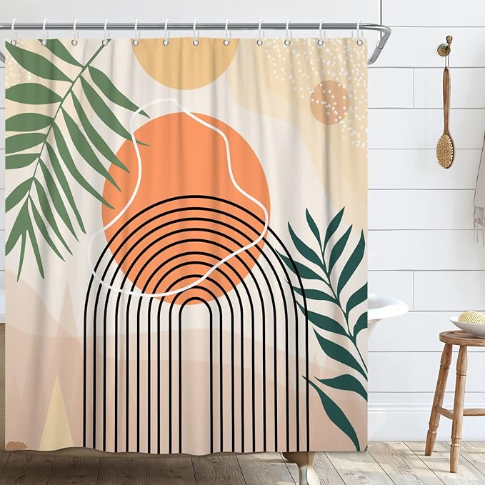 Boho Shower Curtain, Abstract Mid Century Modern Arch Sun Tropical Leaf Machine Washable Waterproof for Bathroom Bathtub with Hooks 72x72