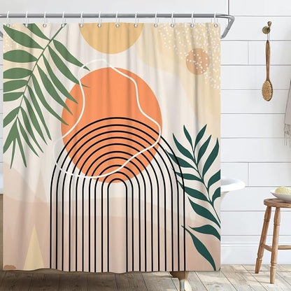 Boho Shower Curtain, Abstract Mid Century Modern Arch Sun Tropical Leaf Machine Washable Waterproof for Bathroom Bathtub with Hooks 72x72
