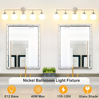 Brushed Nickel Bathroom Light Fixtures Over Mirror Vanity 5-Light | Mid Century Modern Brushed Nicke Wall Sconce with Milky White Glass Ball Shades for for Bathroom Dressing Table Bedroom
