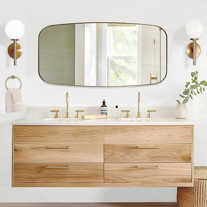24x48 Gold Bathroom Mirror, Oblong Brass Mirror with Stainless Steel Metal Frame, Brushed Gold Oval Vanity Mirror for Over Sink, Modern Anti Rust Wall Mounted