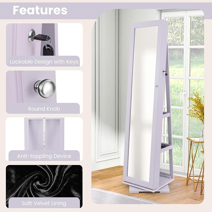 GOFLAME 360° Rotating Jewelry Armoire, Lockable Jewelry Cabinet with Full-Length Mirror & Inner Makeup Mirror, Standing Jewelry Storage Organizer with Rear Storage Shelves, Lavender