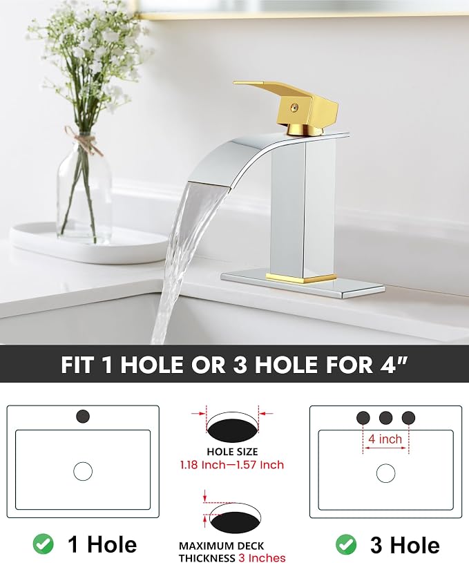 Midanya Waterfall Bathroom Faucet 1 Hole,Polish Gold Handle/Polish Chrome | with 24” Hoses,Pop Up Drain,6” Deck Plate,for 1 or 3 Hole Vanity,Lavatory,RV,Single Handle Bathroom Sink Faucet,NSF Certified