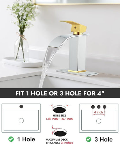 Midanya Waterfall Bathroom Faucet 1 Hole,Polish Gold Handle/Polish Chrome | with 24” Hoses,Pop Up Drain,6” Deck Plate,for 1 or 3 Hole Vanity,Lavatory,RV,Single Handle Bathroom Sink Faucet,NSF Certified