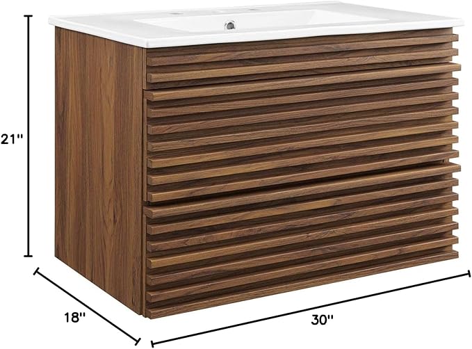 Modway Render 30" Wall-Mount Bathroom Vanity in Walnut White