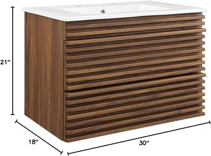 Modway Render 30" Wall-Mount Bathroom Vanity in Walnut White
