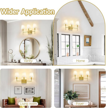 Bathroom Light Fixtures,23.6 IN Bathroom Vanity Lights Over Mirror，3-Light Antique Brass Vintage Wall Sconce With Flared White Fabric Lampshade For Bedroom,Living Room,Foyer,Hardwired,E12 Base
