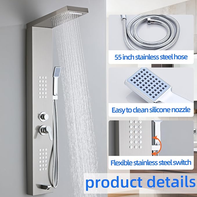 5-in-1 Shower Panel Tower System - Brushed Gray | 304 stainless steel Shower Panel Tower Column with Powerful Body Jets, Rainfall, Waterfall,Handheld and Tub Spout
